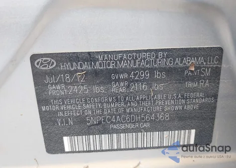 2013 Hyundai Sonata Se from USA, damaged, VIN 5NPEC4AC6DH564368